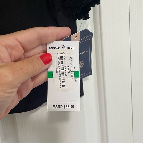 Democracy Black Blouse Beige Floral Bell Sleeves Lace Up Neck Size Large, NWT - Picture 6 of 9